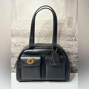NWT Coach Twin Turnlock 20 Waxed Leather Satchel Bag Black / Antique Brass CCC55
